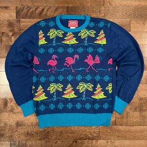 Blue Flamingo Palm Tree Christmas Sweater